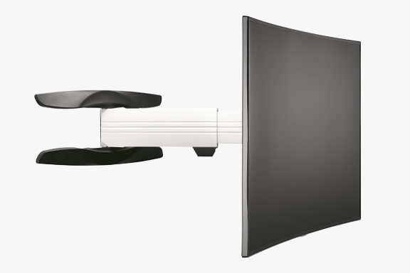 Schwarz-weiße TV-Wandhalterung mit einem gebogenen Fernseher