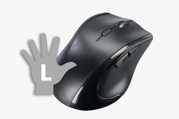 Schwarze Computermaus mit einem Icon, das eine linke Hand darstellt