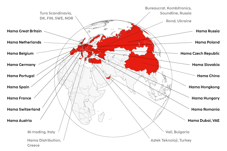 Illustration einer Weltkugel mit markierten Ländern, in denen Hama einen Firmensitz hat
