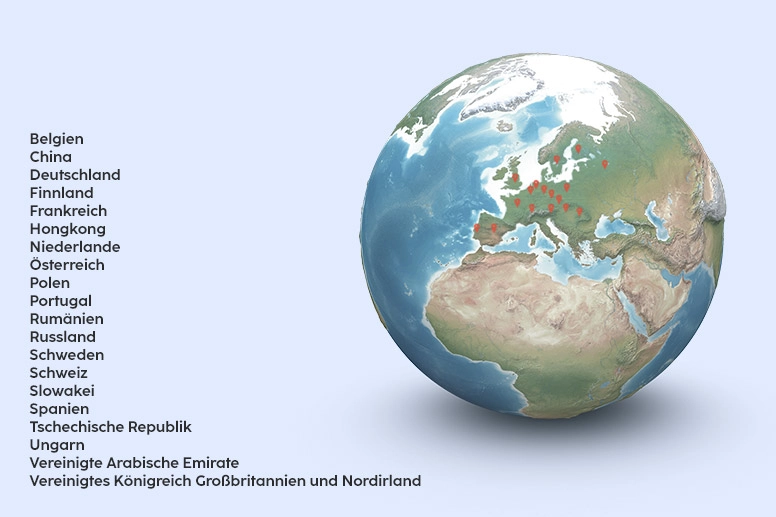 Illustration einer Weltkugel mit markierten Ländern, in denen Hama einen Firmensitz hat