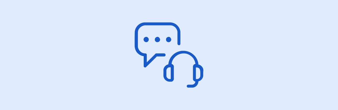 Blue icon showing a speech bubble and a headset against a light blue background