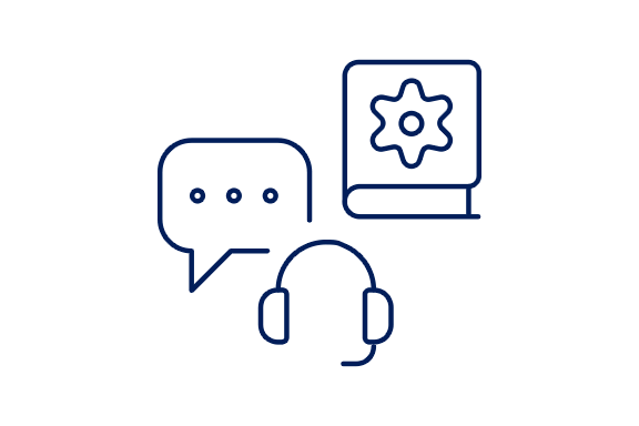 Illustration of headphones, speech bubble and manual