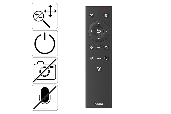 Freisteller der Fernbedieung mit Icons über die Funktionalität: Zoom der Kamera, genauer Bildausschnitt, Beleuchtung durch LED-Ringlicht, Kamera an/aus, Mikrofon an/aus
<br>