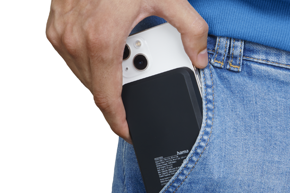 Man is taking his smartphone with wireless power pack out of is pocket