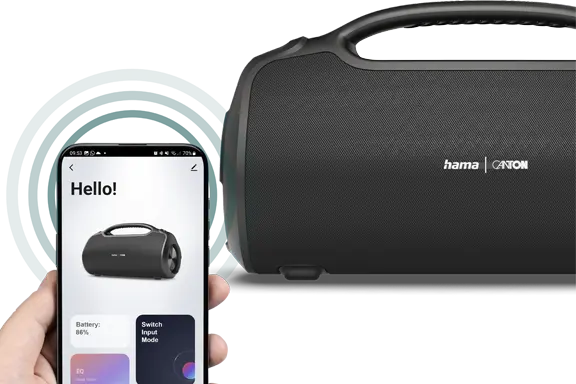 Boombox wirelessly connected to a mobile phone for music control via app.