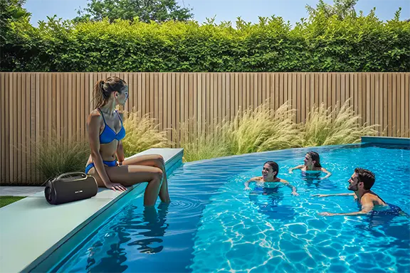 A woman is sitting by the pool while friends are swimming and music is playing on a Bluetooth speaker.