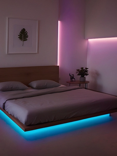 A bedroom is stylishly illuminated indirectly with Hama LED strips Neon