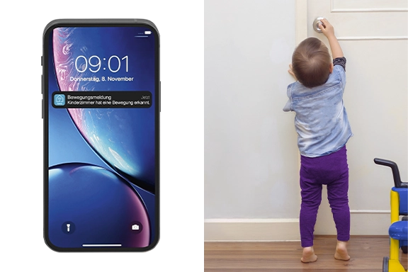 Das Bild ist zweigeteilt. Auf der linken Seite ist die Großaufnahme eines Smartphones, auf dem eine Push-Benachrichtigung der Smart Home-App über eine Bewegungserkennung eingeht. Auf der rechten Seite greift ein Kleinkind nach einer Türklinke.