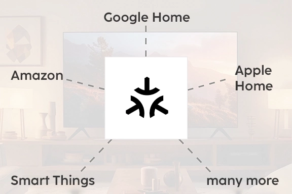 Infografik über die Kompatibilität der Steckdose zu Google Home, Apple Home, Amazon, Smart Things und weiteren.